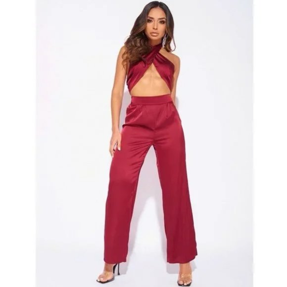 Burgundy Satin Halter Neck Crop Top and High Waist Wide Leg Pants Two Piece Set - Picture 2 of 11